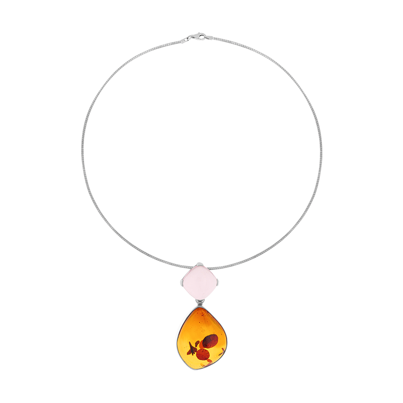 Sterling Silver Amber Rose Quartz Flexible Choker Necklace D