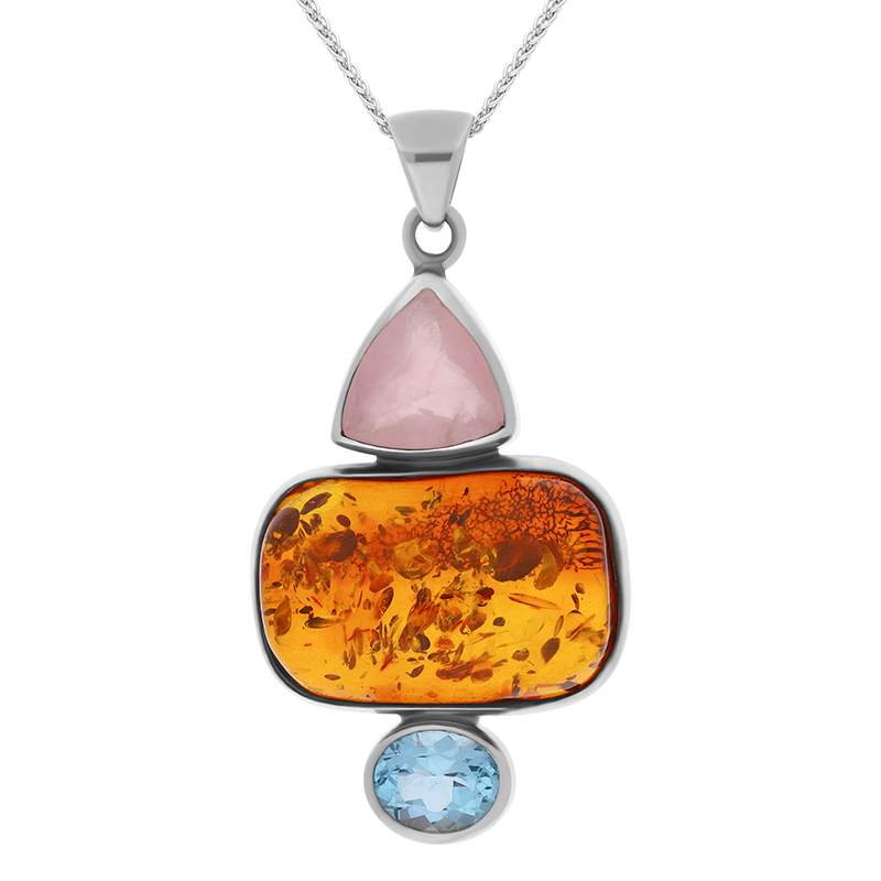 Sterling Silver Amber Rose Quartz Blue Topaz Three Stone Drop Necklace