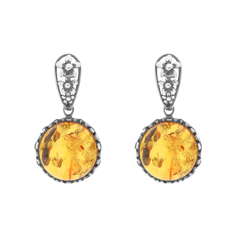 Sterling Silver Amber Round Flower Edge Drop Earrings