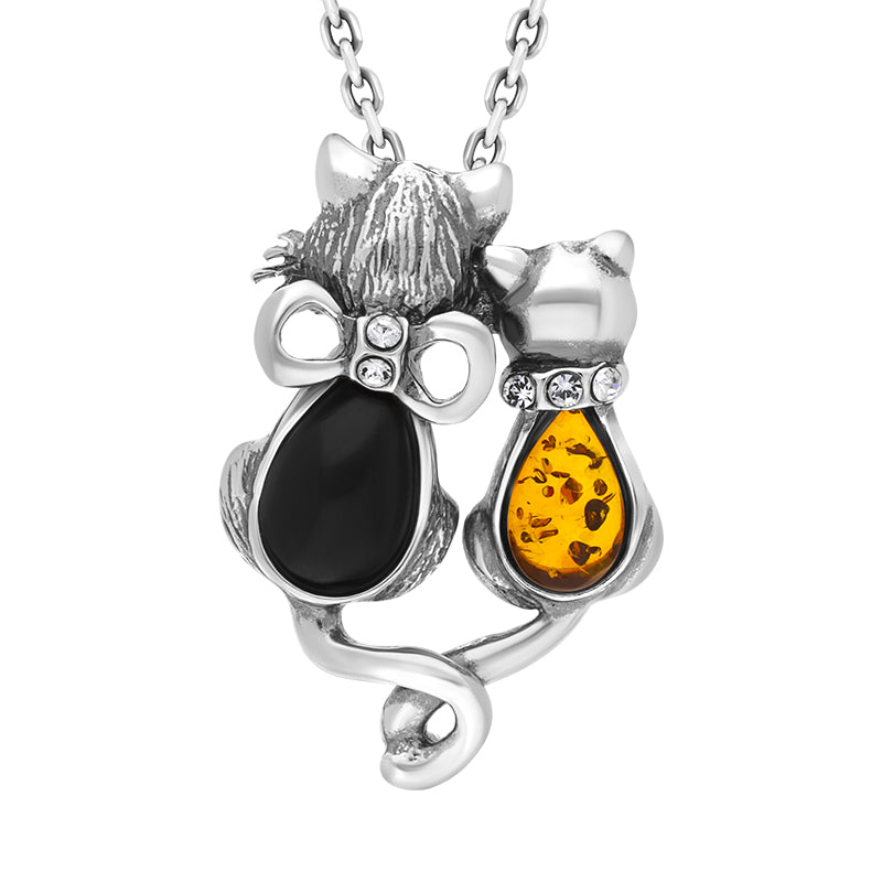 Sterling Silver Amber Whitby Jet Cat Necklace