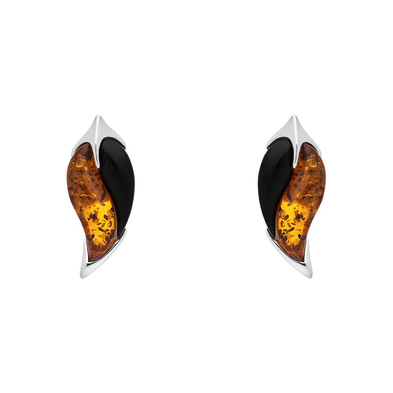 Sterling Silver Amber Whitby Jet Leaf Stud Earrings