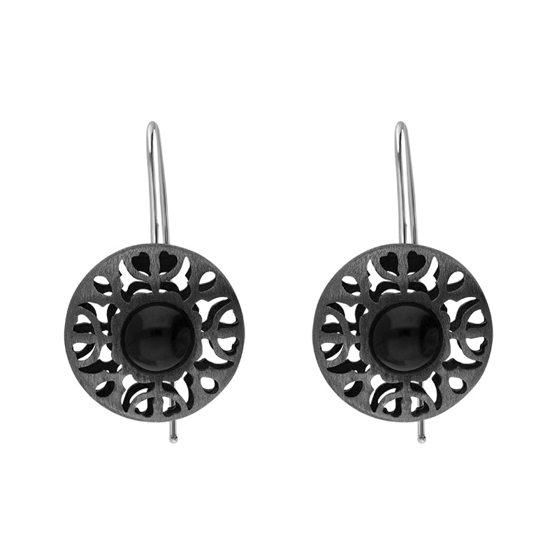 Sterling Silver Black Rhodium Whitby Jet Round Filigree Drop Earrings D