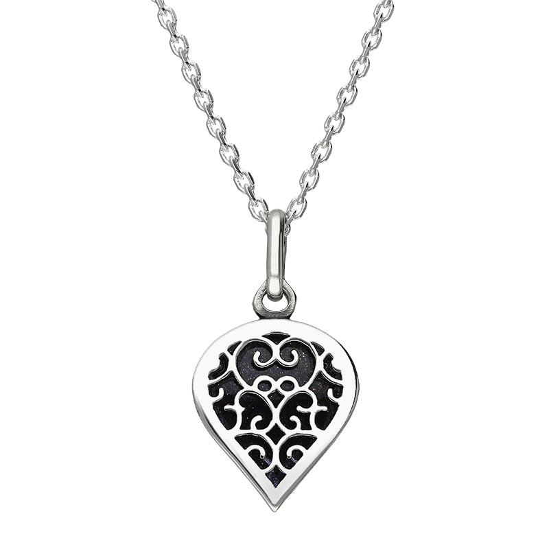 Sterling Silver Blue Goldstone Flore Filigree Small Heart Necklace