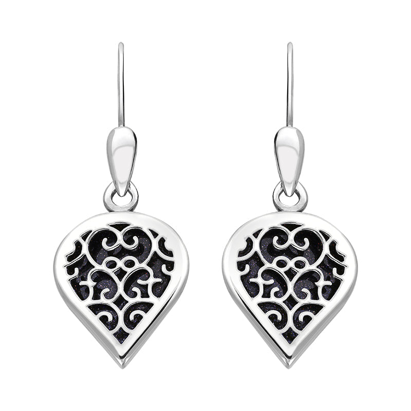 Sterling Silver Blue Goldstone Flore Filigree Heart Drop Earrings