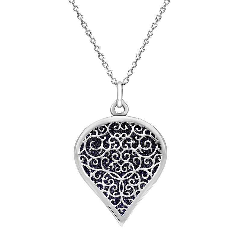 Sterling Silver Blue Goldstone Flore Filigree Large Heart Necklace
