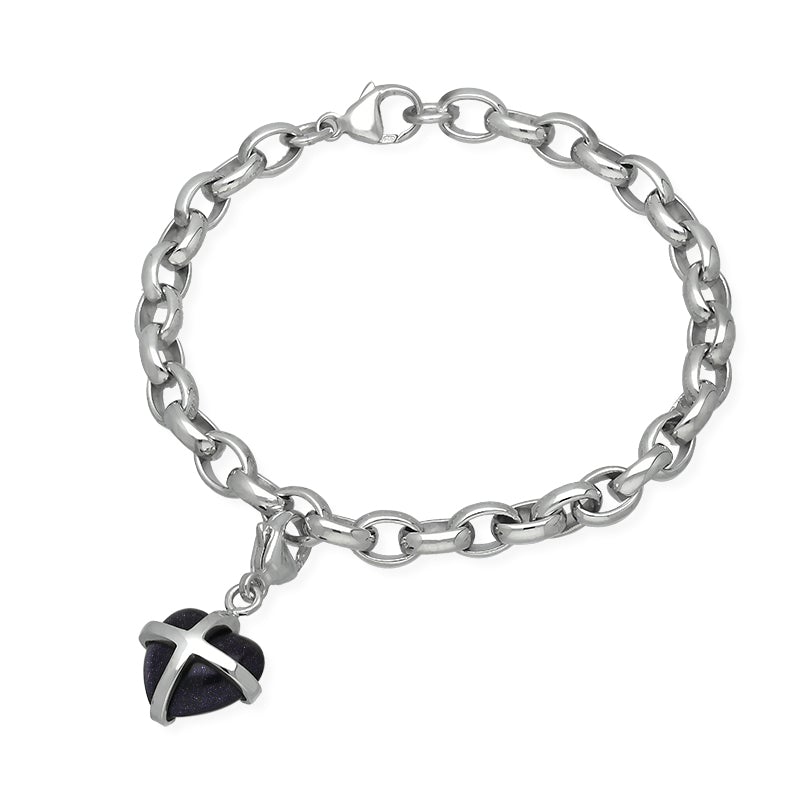 Sterling Silver Blue Goldstone Small Cross Heart Charm Bracelet