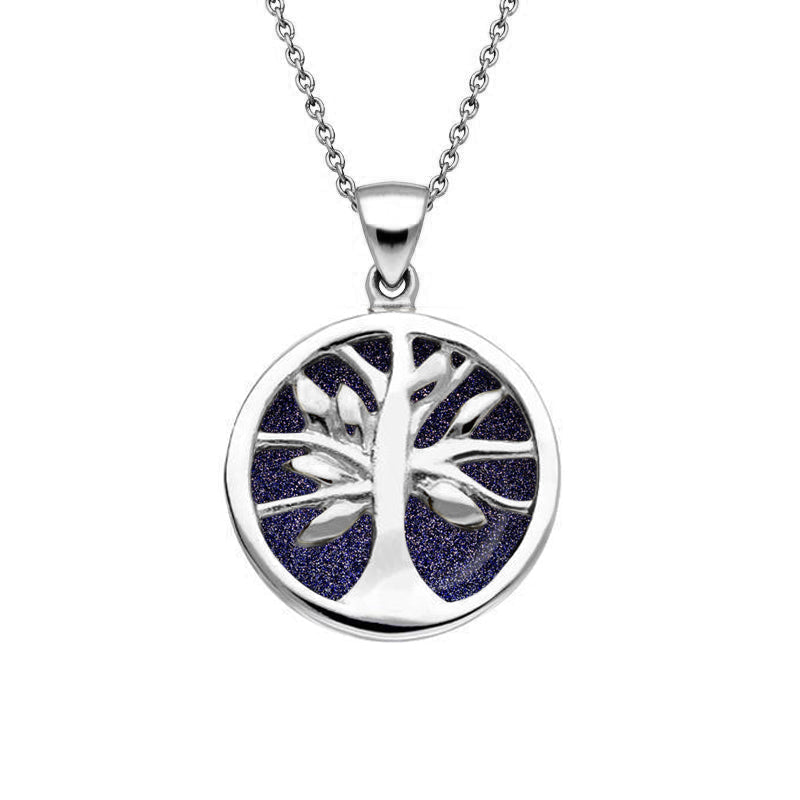Sterling Silver Blue Goldstone Small Round Tree of Life Necklace