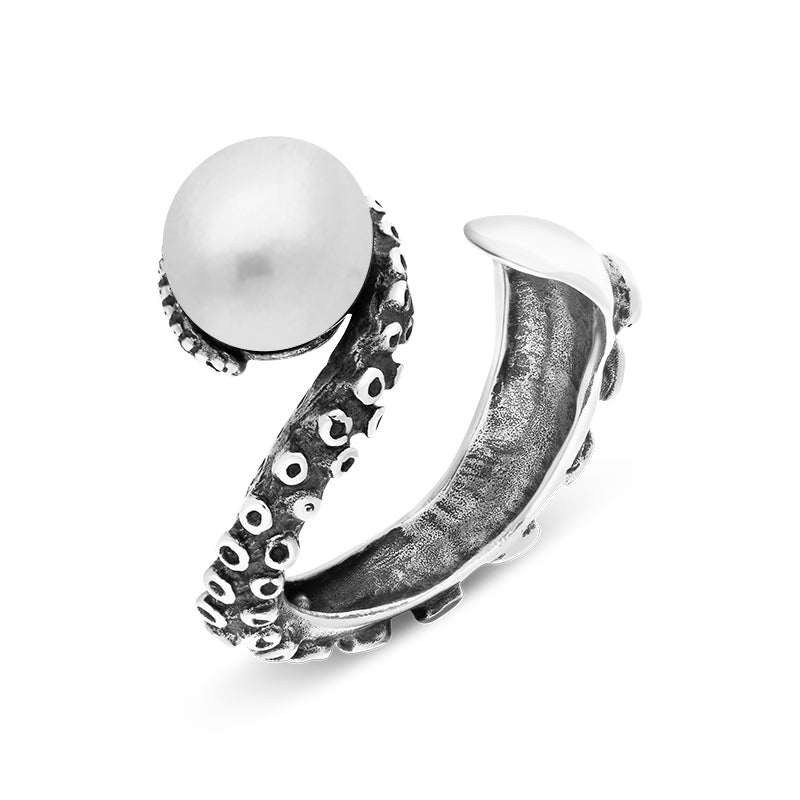 Sterling Silver Freshwater Pearl Bead Swirl Tentacle Ring