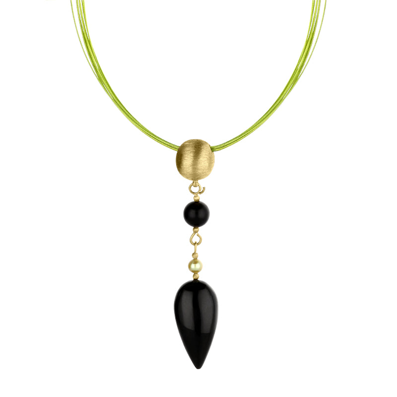 Sterling Silver Gold Plated Whitby Jet Pear Drop Green Wire Necklace D