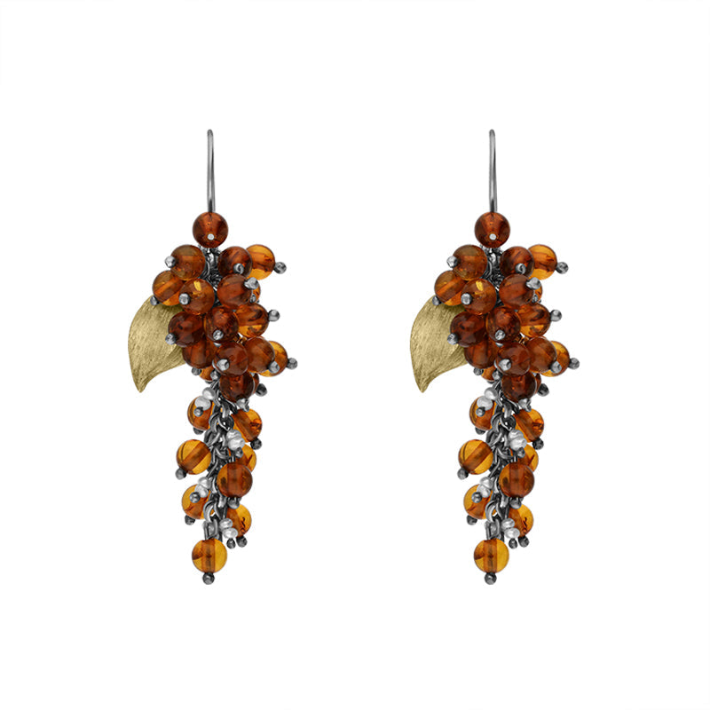 Sterling Silver Gold Plated Amber Pearl Bead Drop Earrings D