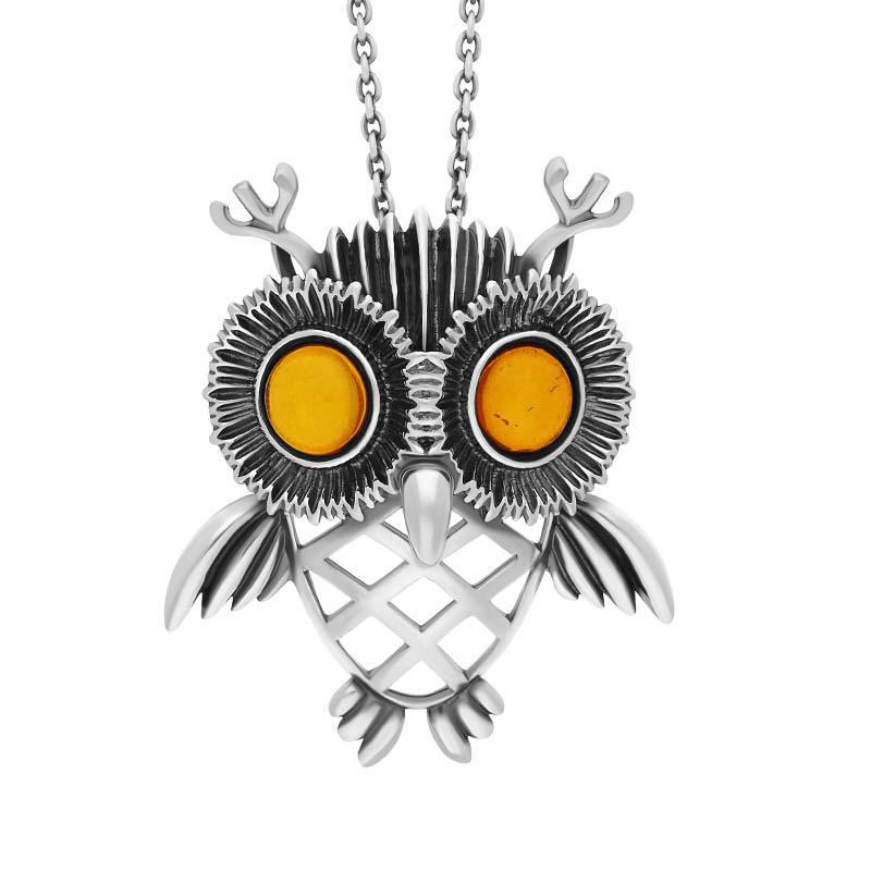 Sterling Silver Large Amber Owl Necklace