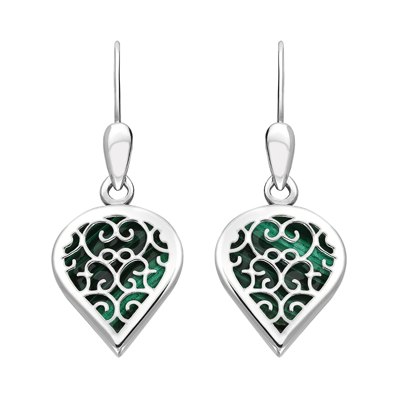 Sterling Silver Malachite Flore Filigree Heart Drop Earrings