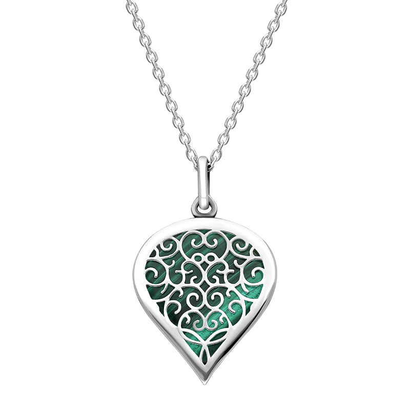 Sterling Silver Malachite Flore Filigree Medium Heart Necklace