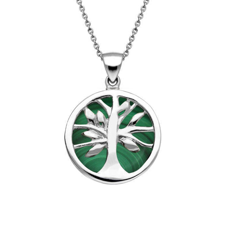 Sterling Silver Malachite Small Round Tree of Life Necklace