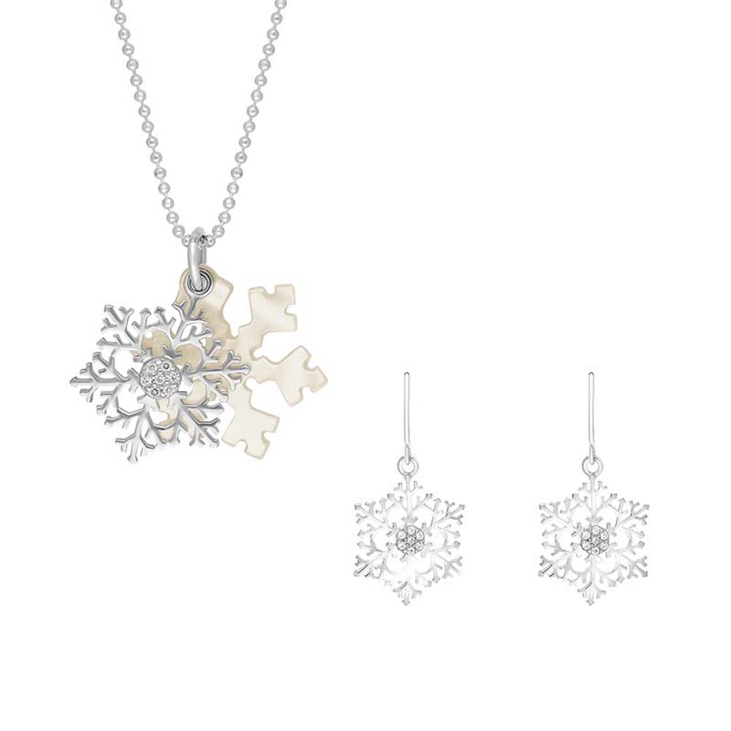 Sterling Silver Mother of Pearl Cubic Zirconia Medium Snowflake Two Piece Set