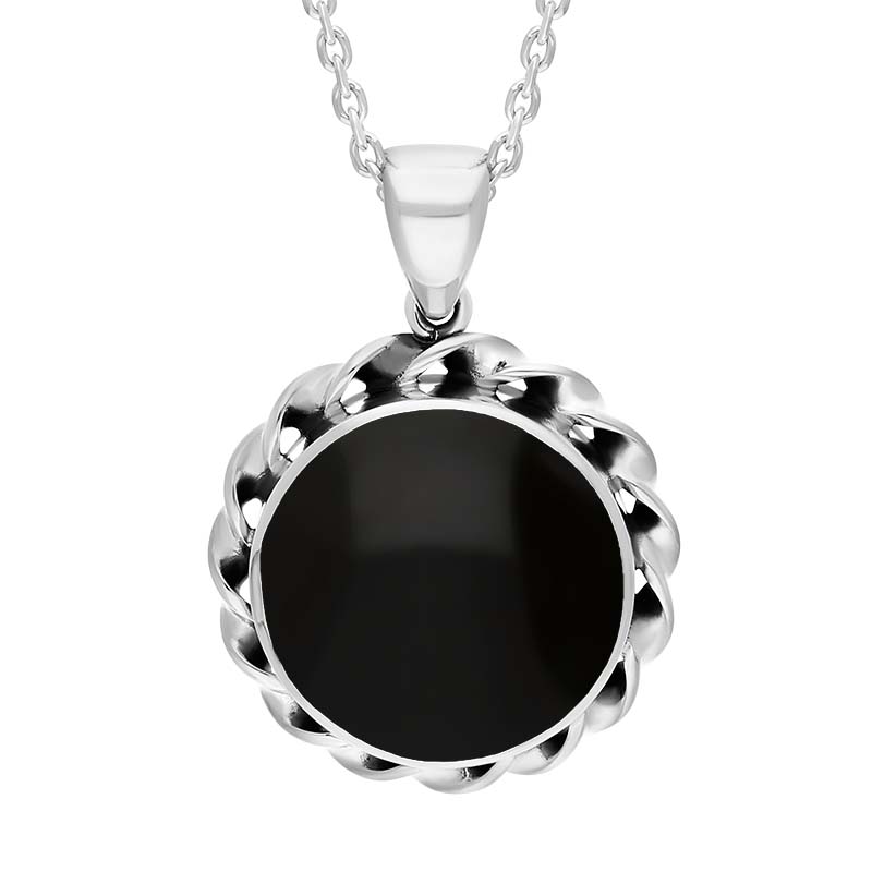 Sterling Silver Whitby Jet Round Thick Rope Edge Necklace