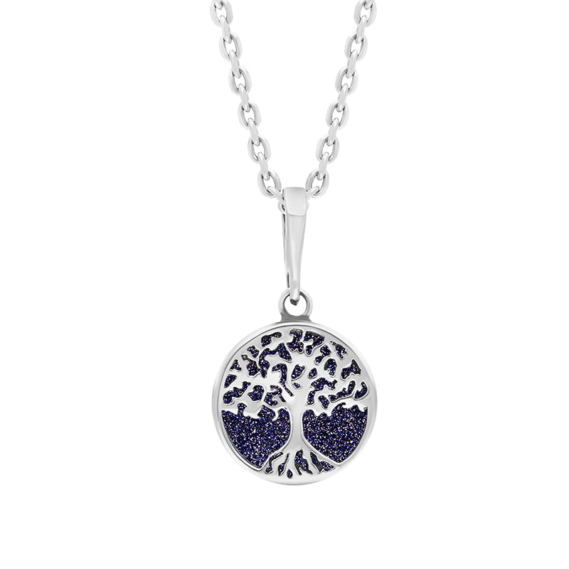 Sterling Silver Small Blue Goldstone Round Tree of Life Necklace