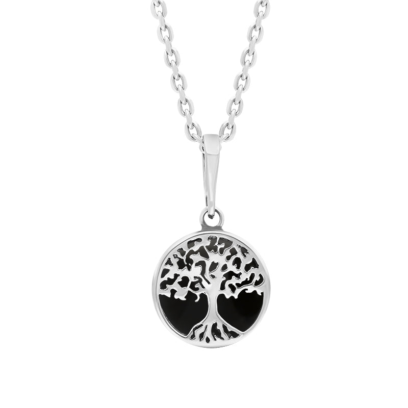 Sterling Silver Small Whitby Jet Round Tree of Life Necklace