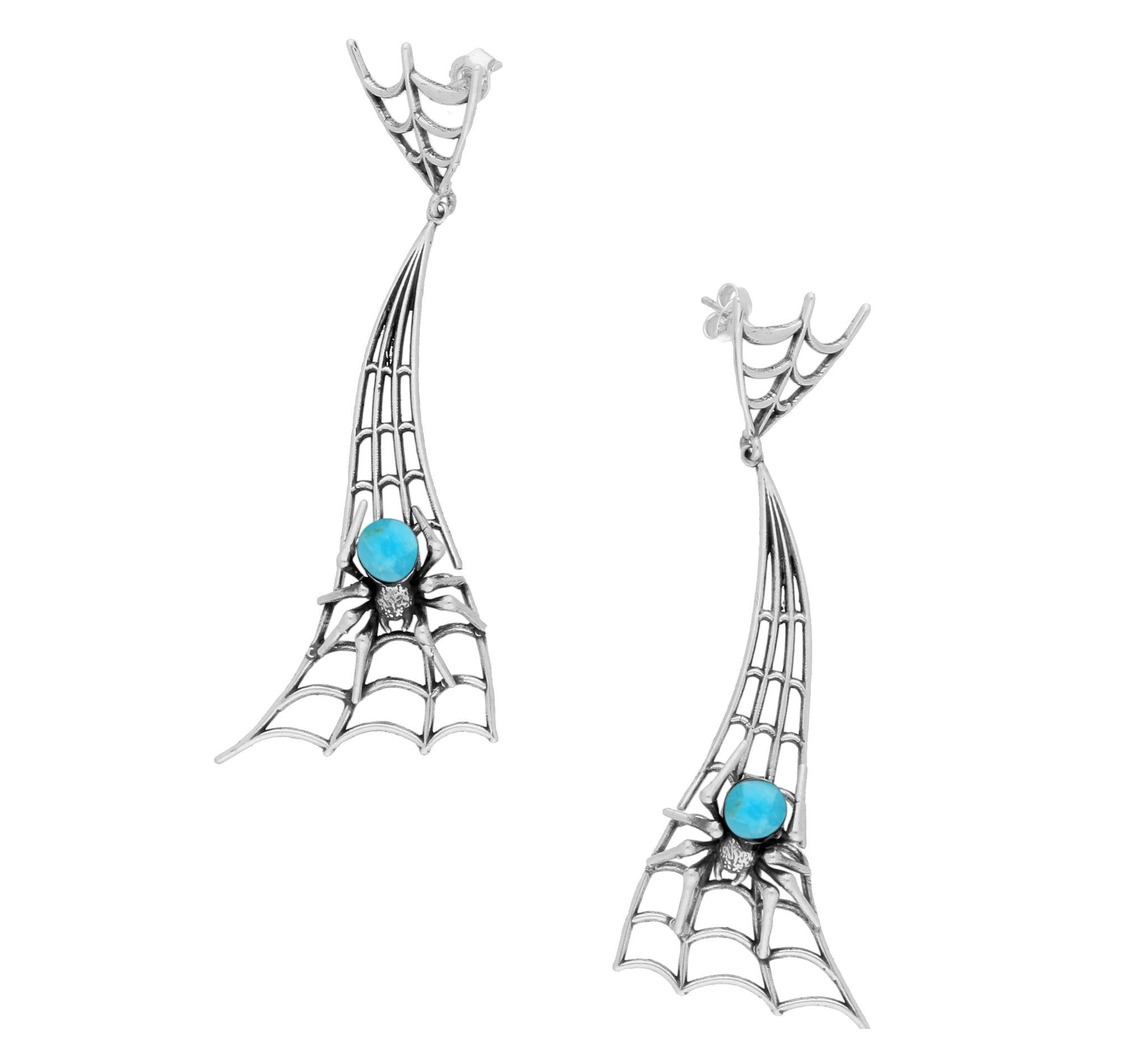 Sterling Silver Turquoise Gothic Articulated Spider Web Drop Earrings