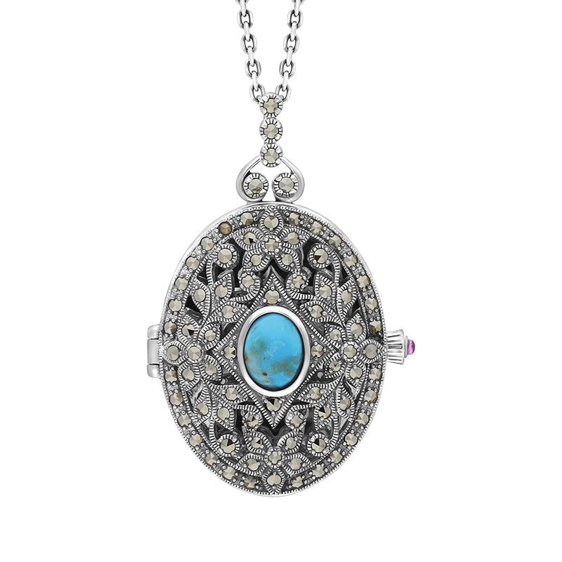 Sterling Silver Turquoise Marcasite Large Oval Flower Edge Locket Necklace