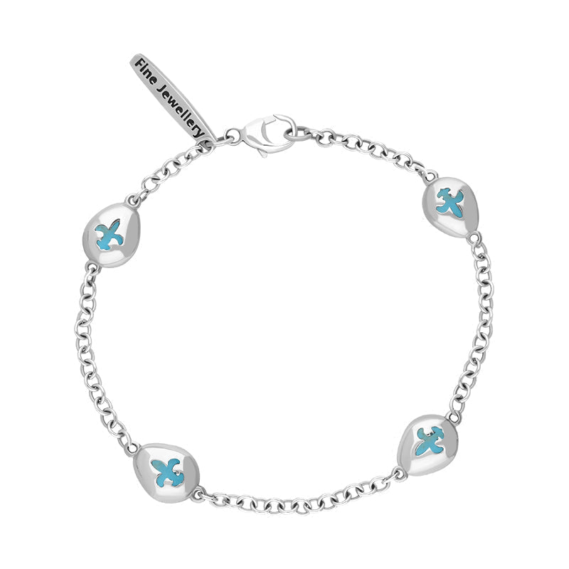 Sterling Silver Turquoise Oval Fleur De Lis Detail Four Stone Bracelet