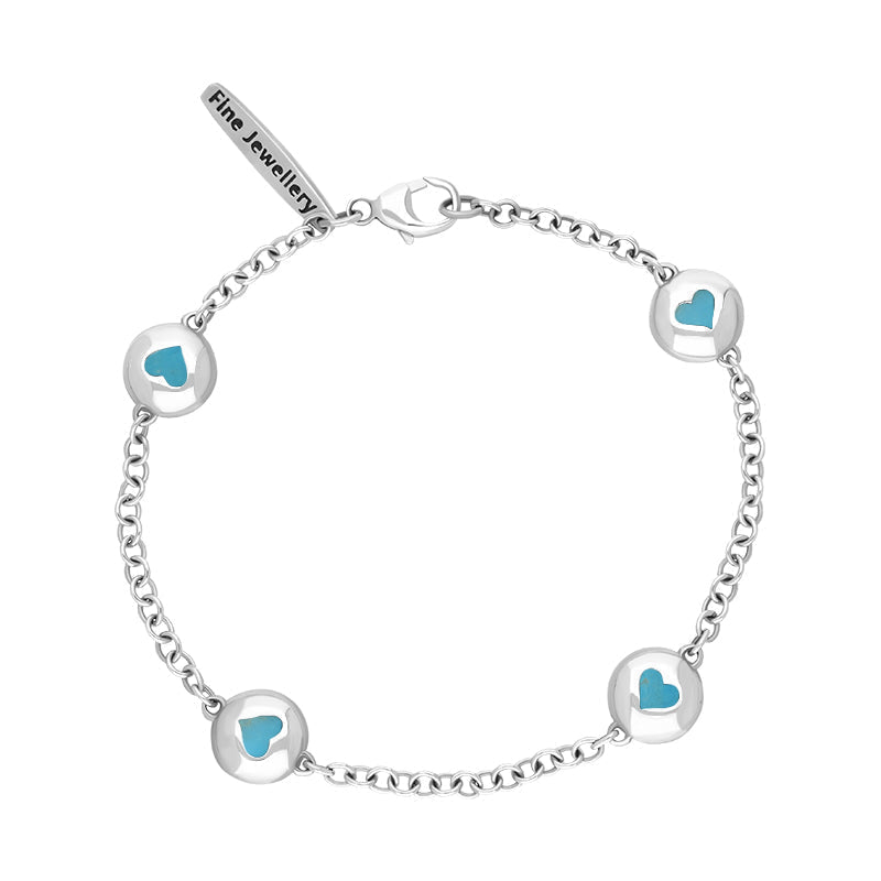 Sterling Silver Turquoise Oval Heart Detail Four Stone Bracelet