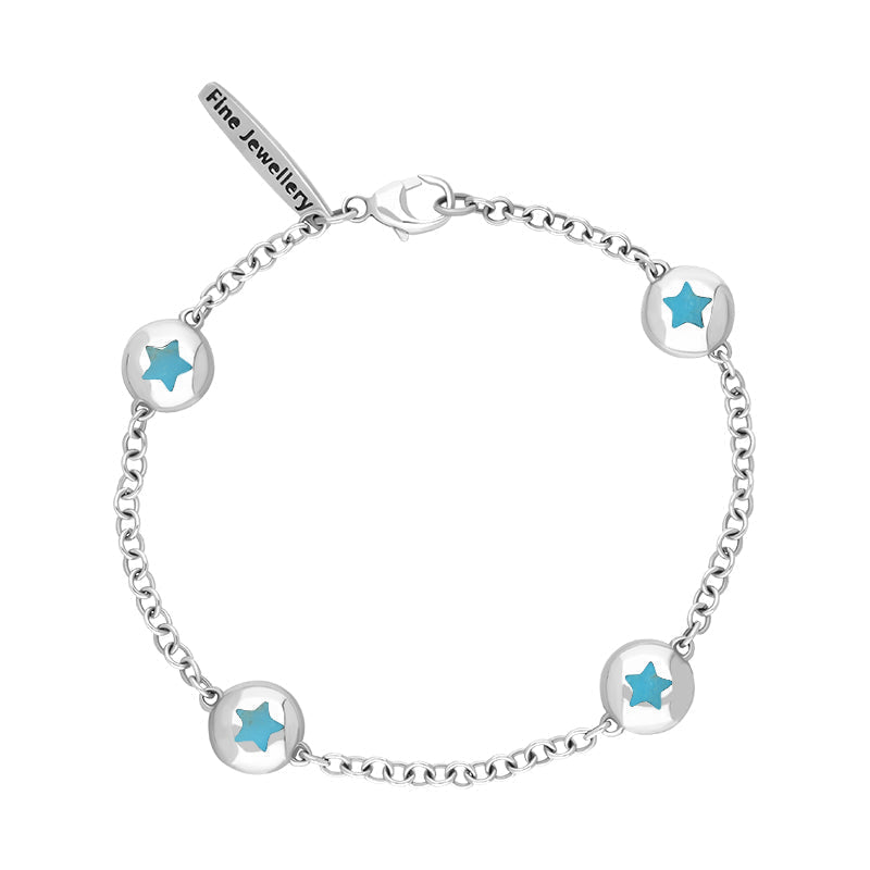 Sterling Silver Turquoise Oval Star Detail Four Stone Bracelet
