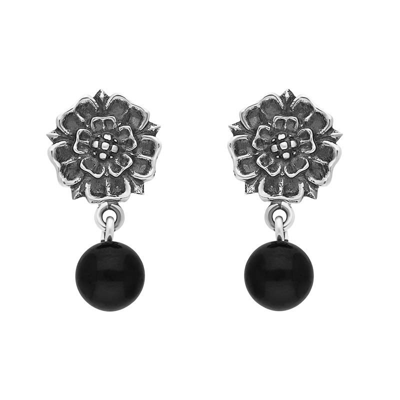 Sterling Silver Whitby Jet 6mm Bead Rose Top Drop Earrings