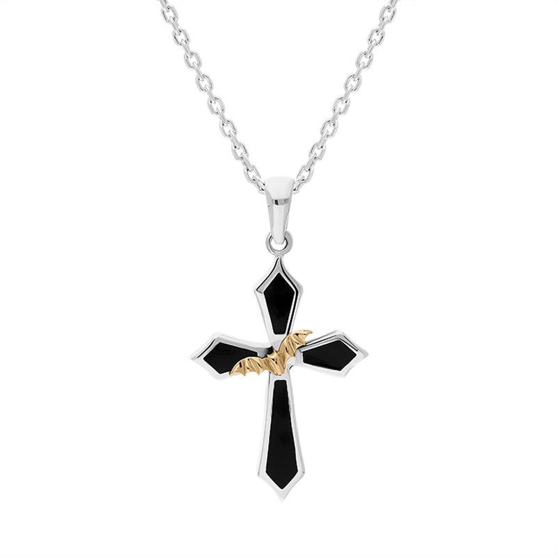 Sterling Silver Whitby Jet 9ct Yellow Gold Bat Cross Necklace