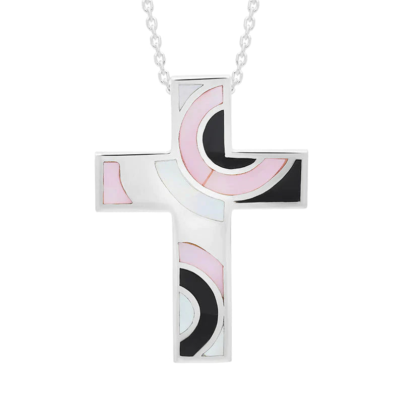 Sterling Silver Whitby Jet Mother of Pearl Cross Necklace D