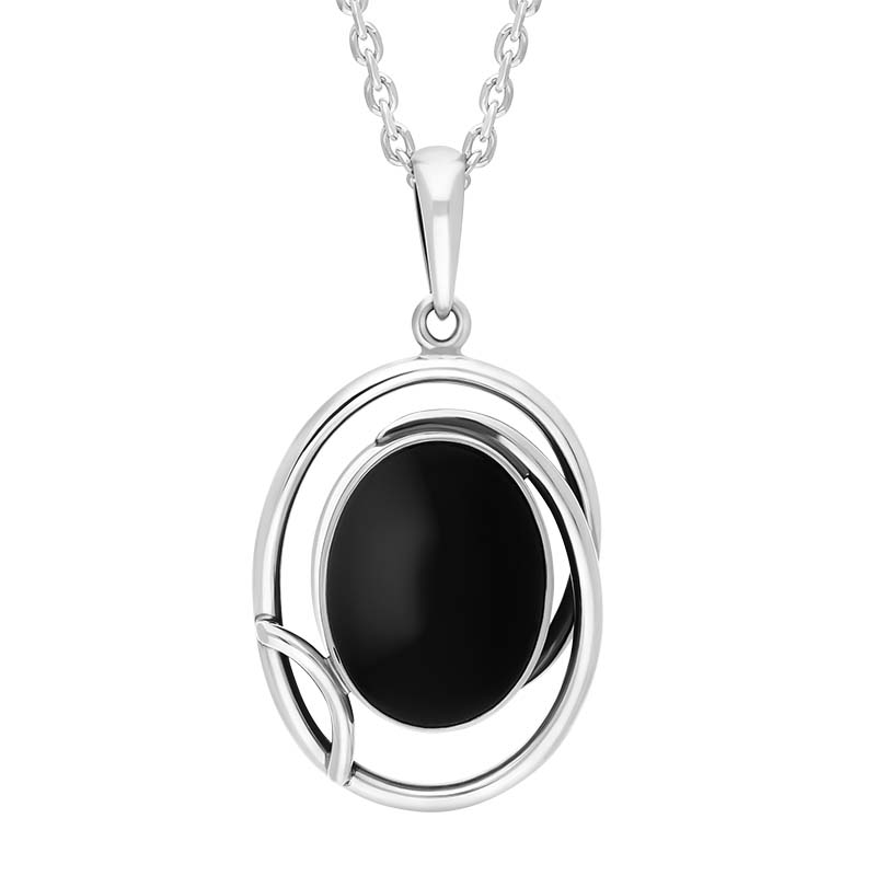 Sterling Silver Whitby Jet Oval Swirl Open Frame Necklace D