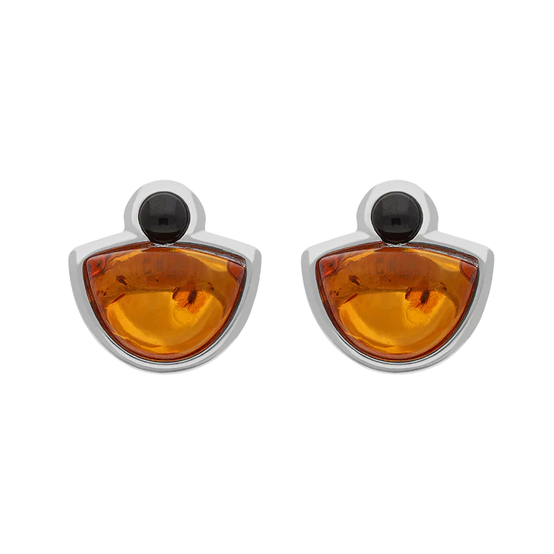 Sterling Silver Whitby Jet Amber Half Moon Round Stud Earrings