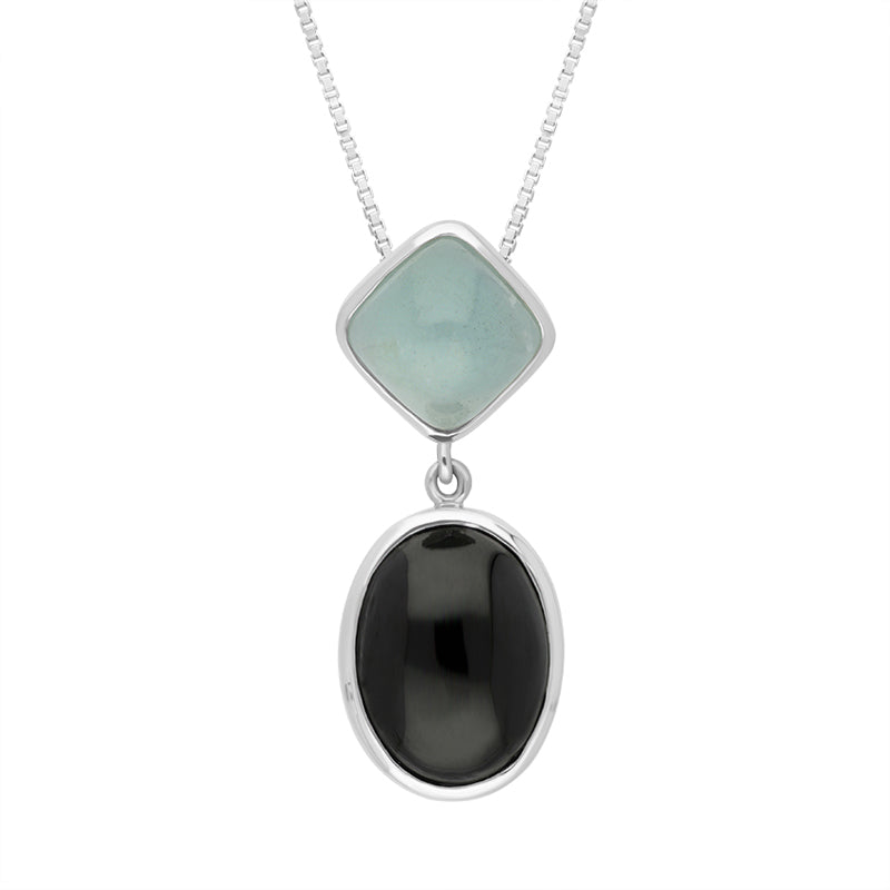 Sterling Silver Whitby Jet Aquamarine Oval Cushion Two Stone Drop Necklace