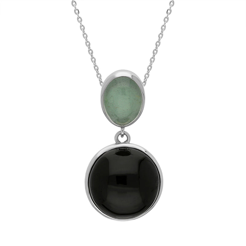 Sterling Silver Whitby Jet Aquamarine Two Stone Drop Necklace D