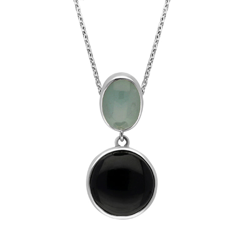 Sterling Silver Whitby Jet Aquamarine Two Stone Drop Necklace D