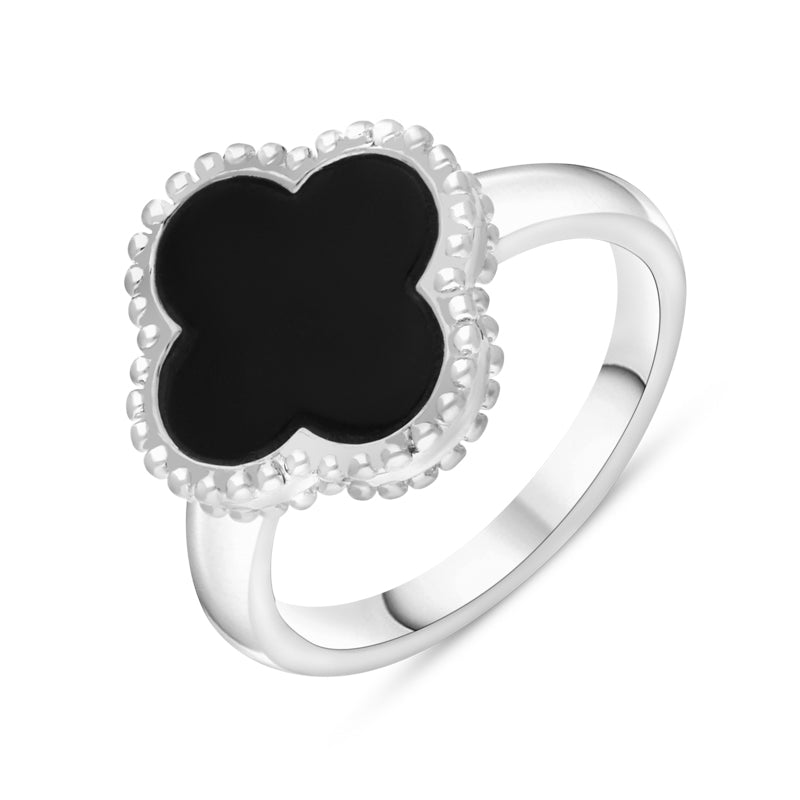 Sterling Silver Whitby Jet Bloom Four Leaf Clover Ball Edge Ring