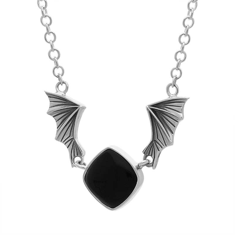 Sterling Silver Whitby Jet Cushion Stone Bat Necklace