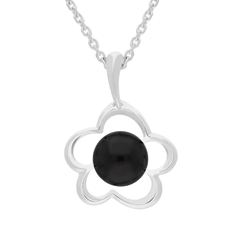 Sterling Silver Whitby Jet Flower Necklace