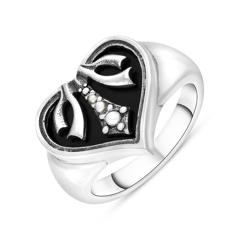 Sterling Silver Whitby Jet Freshwater Pearl Victoriana Ring