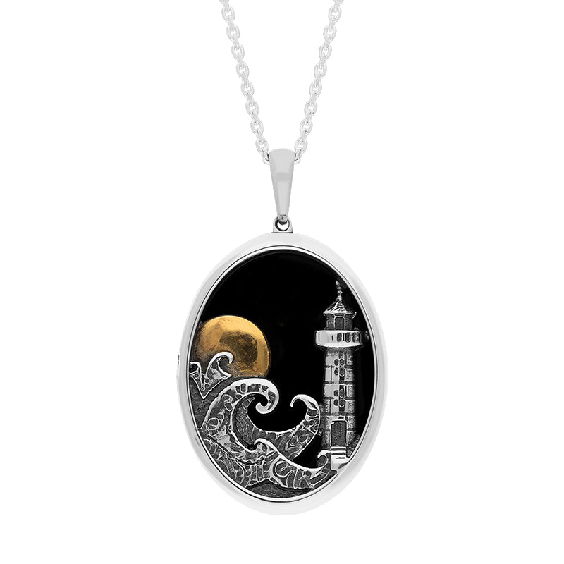 Sterling Silver Whitby Jet Gold Plated Moon Whitby Lighthouse Oval Necklace