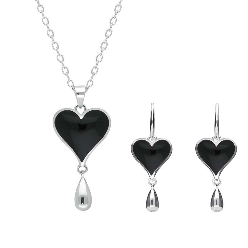 Sterling Silver Whitby Jet Heart Two Piece Set