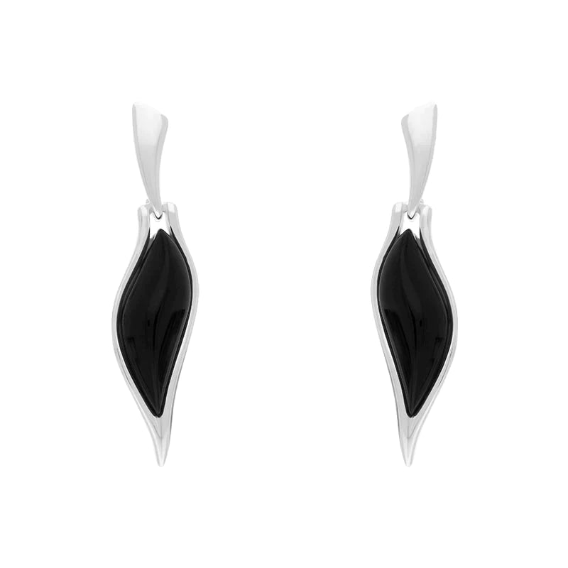 Sterling Silver Whitby Jet Long Wavy Marquise Drop Earrings