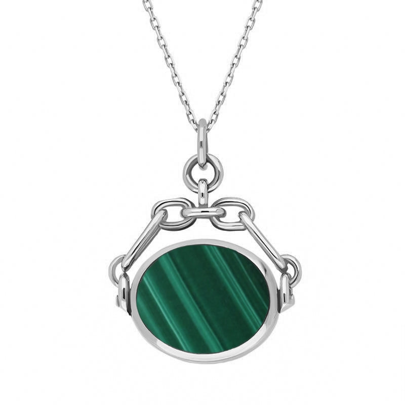 Sterling Silver Whitby Jet Malachite Double Sided Swivel Fob Necklace