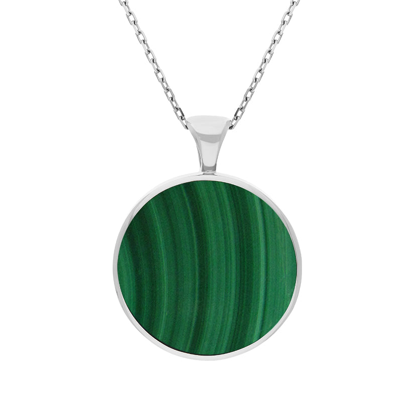 Sterling Silver Whitby Jet Malachite Large Double Sided Round Fob Necklace