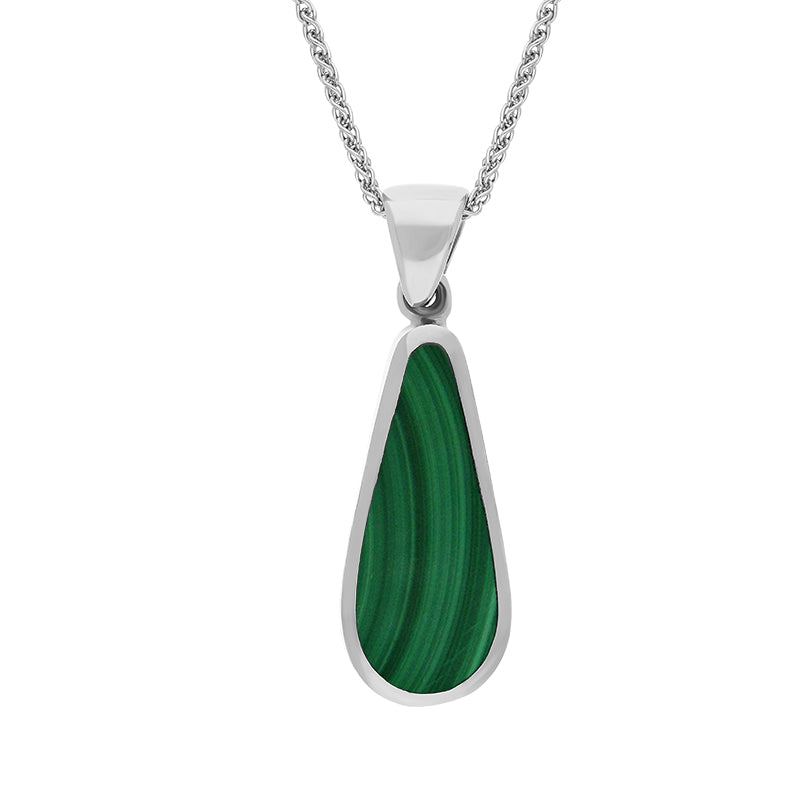 Sterling Silver Whitby Jet Malachite Small Double Sided Pear Cut Fob Necklace