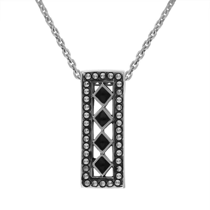 Sterling Silver Whitby Jet Marcasite Lattice Oblong Necklace D