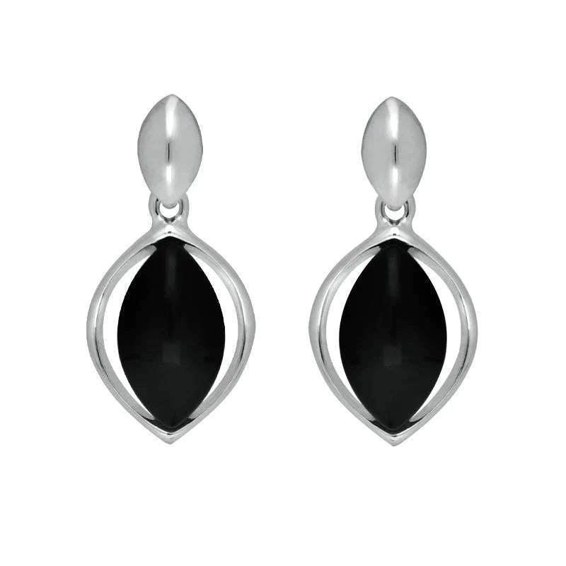 Sterling Silver Whitby Jet Marquise Centre Drop Earrings