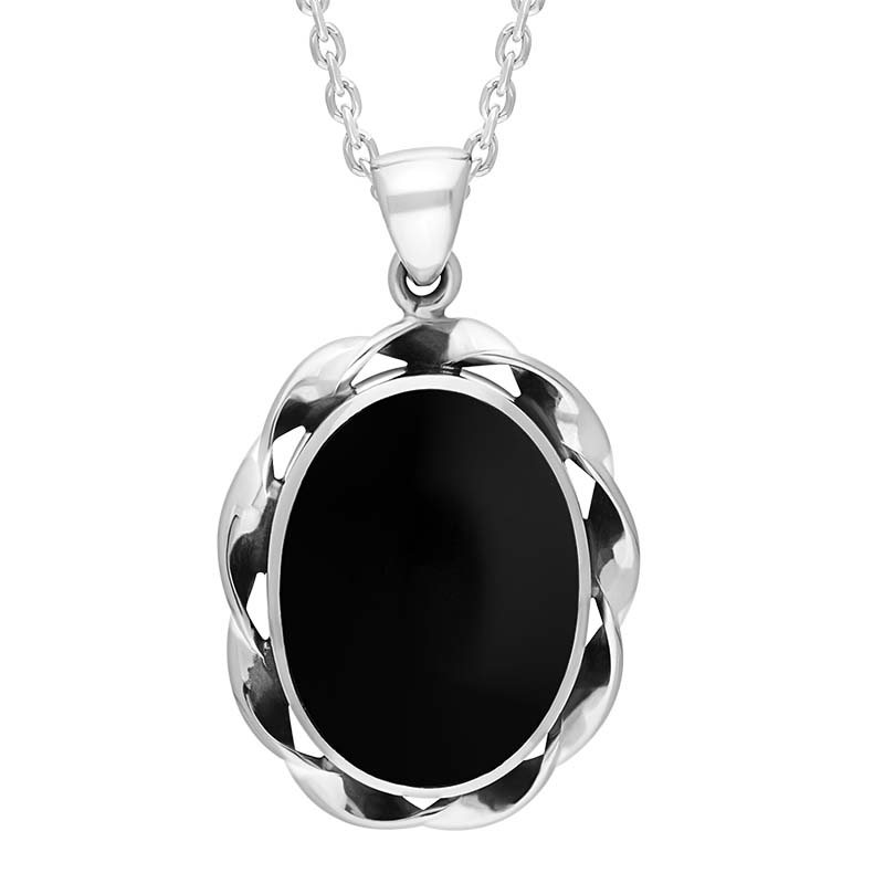 Sterling Silver Whitby Jet Oval Chunky Twist Frame Necklace D