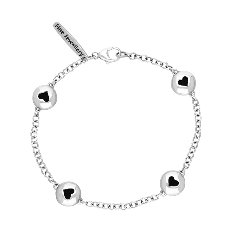 Sterling Silver Whitby Jet Oval Heart Detail Four Stone Bracelet