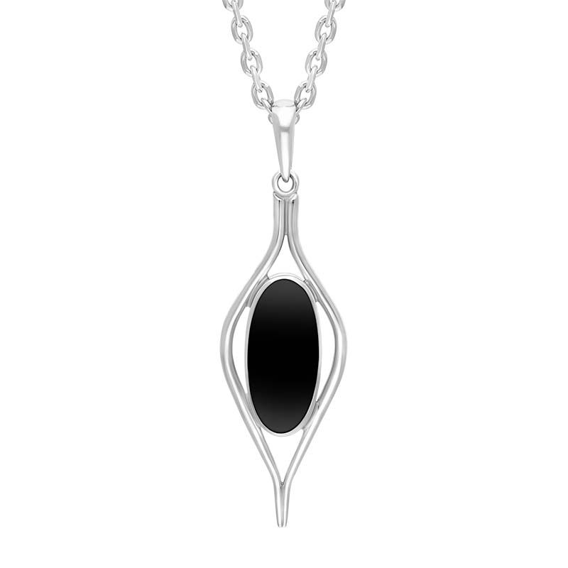 Sterling Silver Whitby Jet Oval Open Pointed Frame Necklace